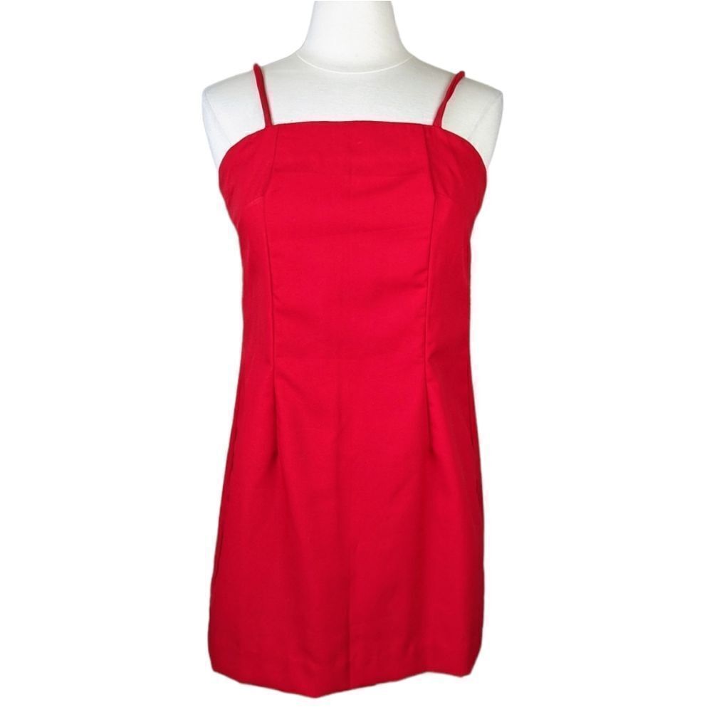 Vintage 70s Red Mini Dress Spaghetti Straps Square Neckline Size Medium